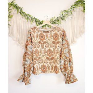 ZARA Paisley Jacquard Long Puff Balloon Sleeve Top, Size Medium.